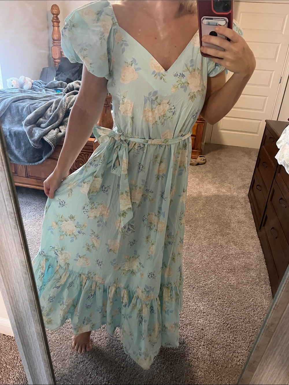 LoveShackFancy Mint Floral Puff-Sleeve Maxi Dress